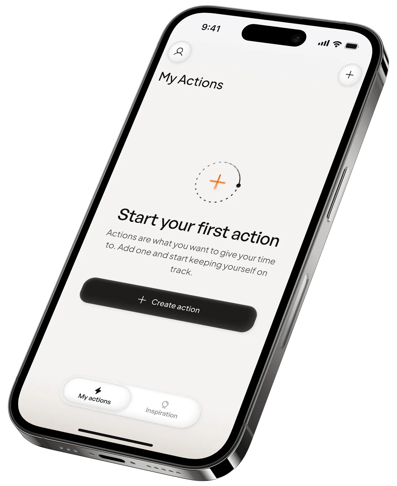 The app's My Actions screen before anything has been added, with a button to create your first action.