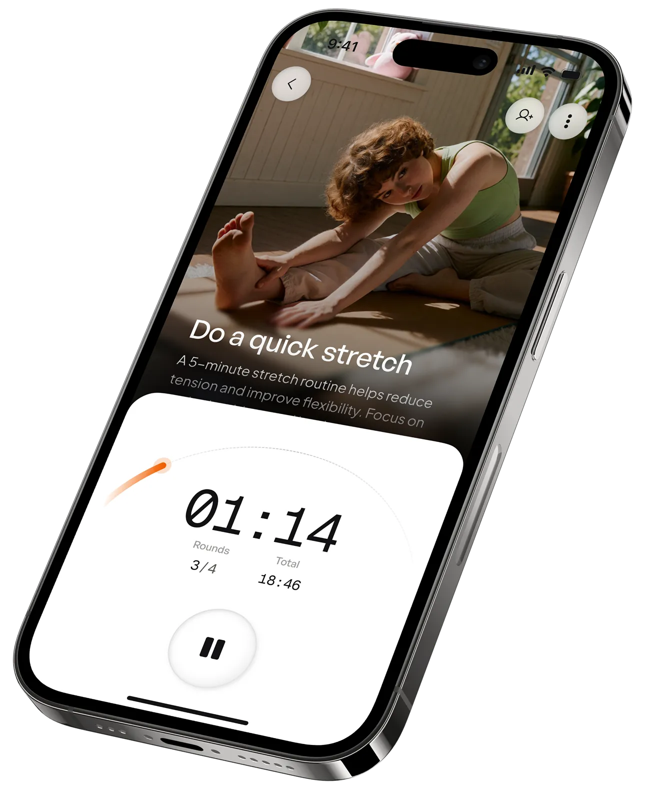 A running session for a quick stretch, showing a timer at one minute fourteen and a pause button.